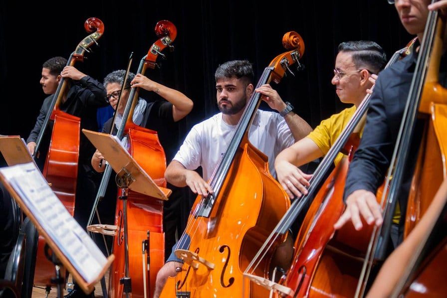 Contrabaixistas durante o festival em Londrina
